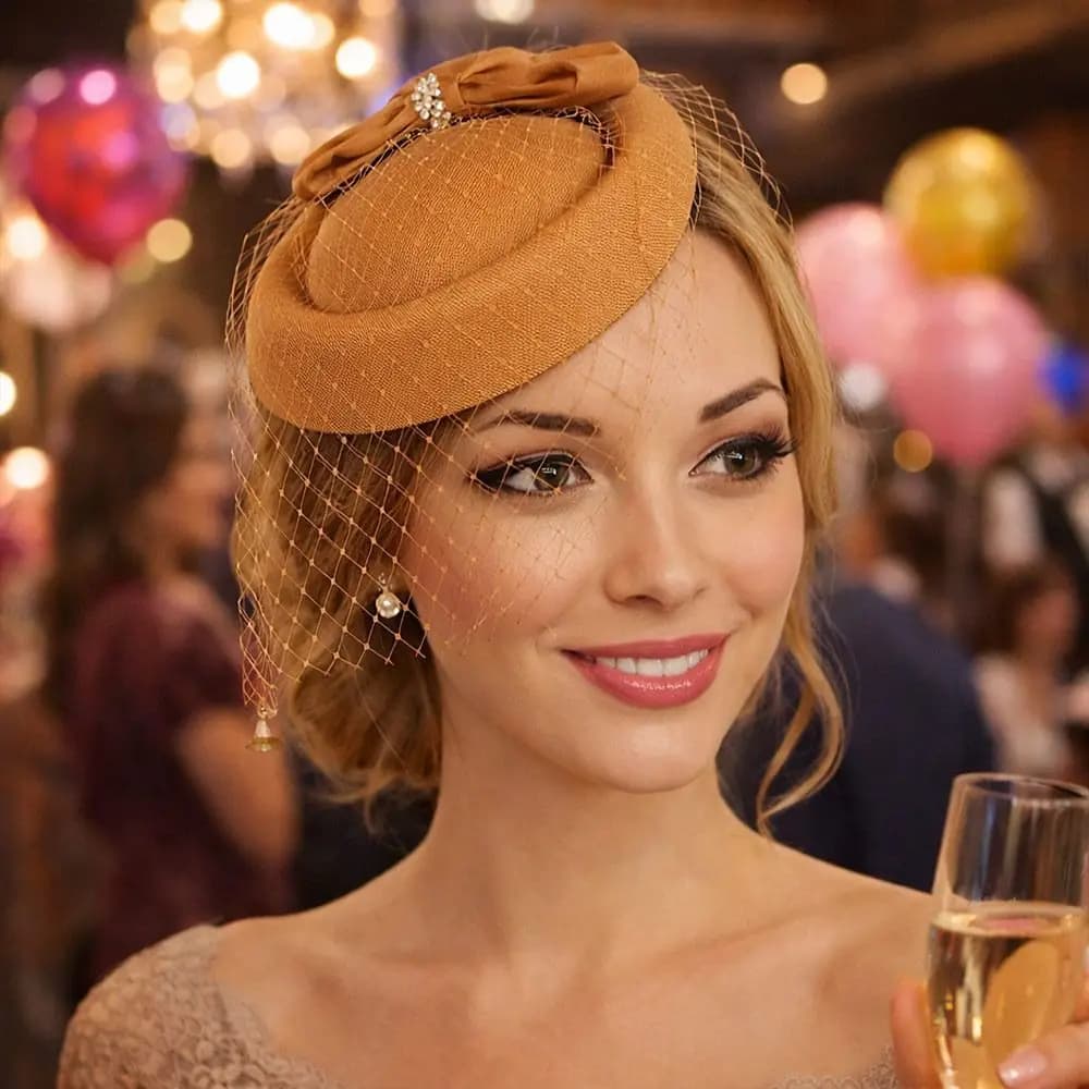 Elegante Fascinator da Donna con Piume e Fiori, Stile Vintage, in Feltro e Rete, con Nastri, Copricapo per Trucco e Ballo di Fine Anno