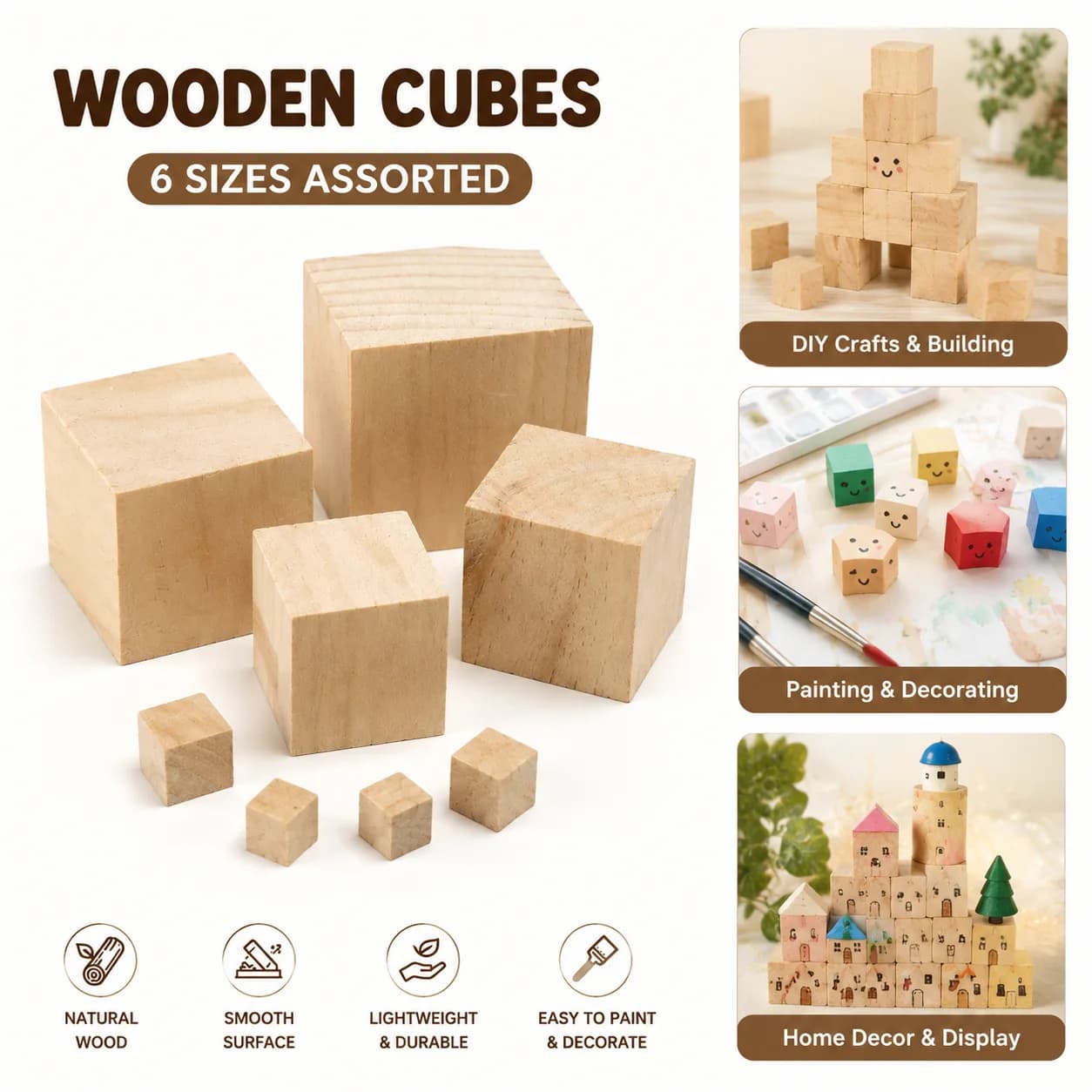 Wooden Cubes Blocks 1-5cm DIY Craft Supplies Unfinished Wood Blocks for Painting Art Handmade Decoration Miniature Model