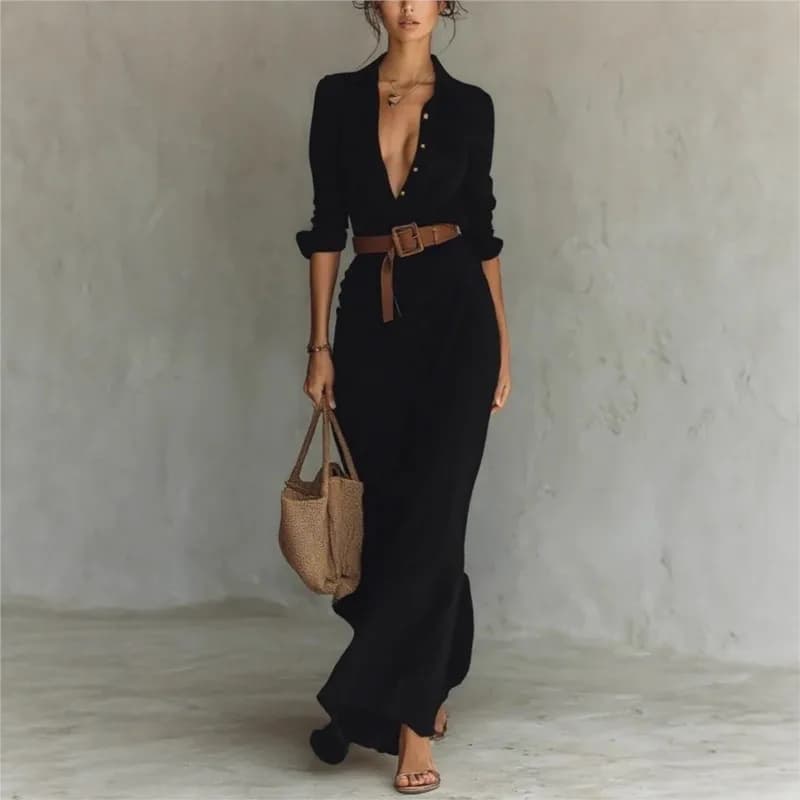 Women's Fashionable Solid Vacation Party Dress Long Sleeved Dress with Stylish Buttons With Rise Casual Long Sleeved Dress With Belt