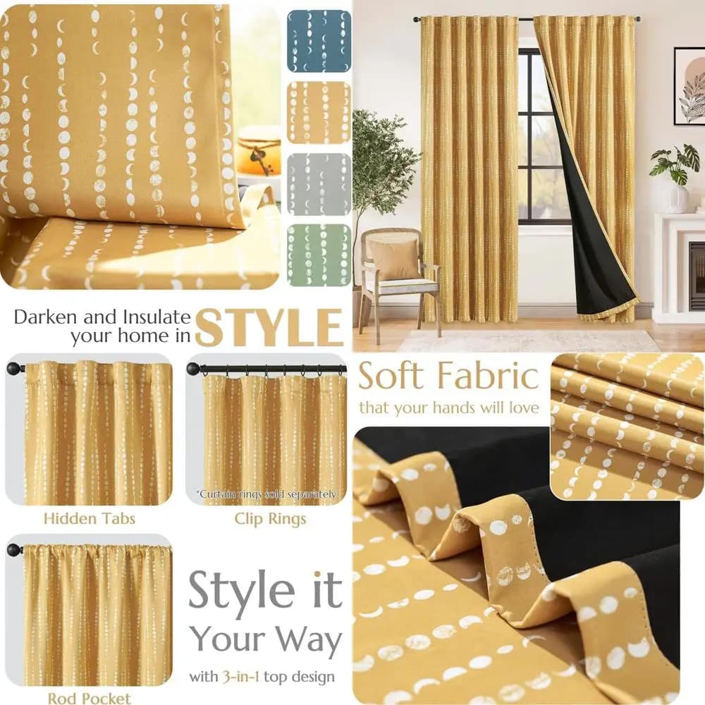 Tende Boho senape con fasi lunari, tasca per 84 aste, isolate, set da 2 pannelli per camera da letto/asilo nido