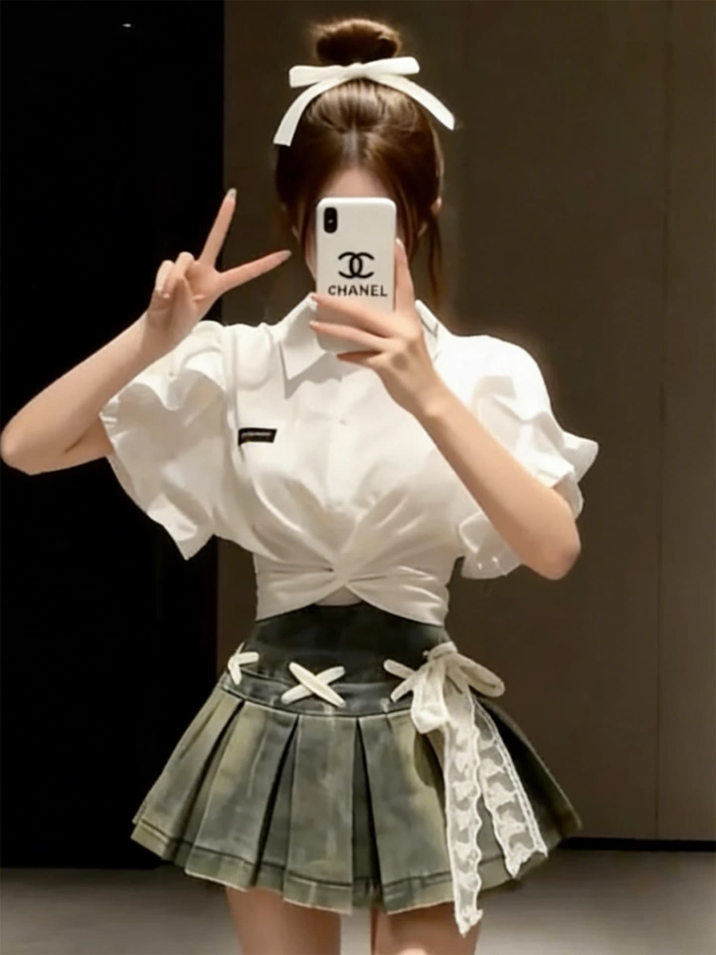 Summer White Neck Bubble Sleeve Set College Style A-Line Skirt Women's Fashion Two-Piece Suit Short Length High Waist