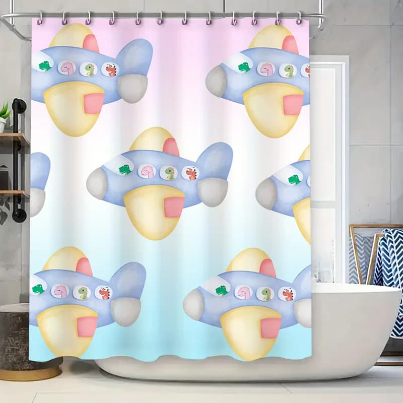 Tenda da doccia impermeabile per bagno con un stravagante design di aeroplani con simpatici animali dei cartoni animati per l'arredamento del bagno dei bambini