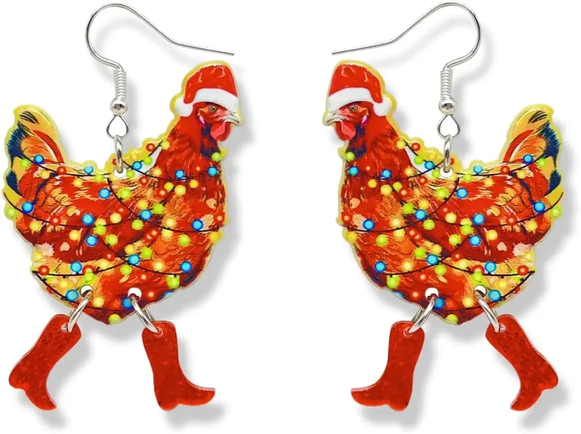 Orecchini da Donna, Graziosi Orecchini Pendenti in Acrilico a Forma di Animale Colorato (Pollo, Tacchino) con Stivali, Gioielli per Feste a Tema e Costumi