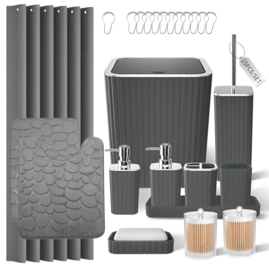 Set Accessori Bagno - Set Bagno 25 Pezzi con Porta Asciugamani e Tappeti, Set Porta Asciugamani, Porta Spazzolino, Porta Salviette, Porta Tampone e Cestino WC