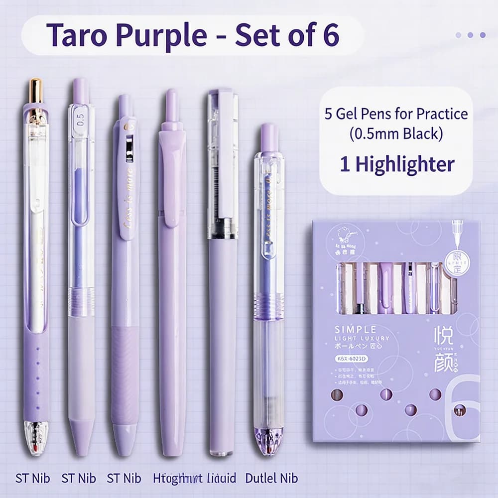Set di 6 Penne Gel Estetiche Viola, Penne a Punta Fine con Inchiostro Nero da 0,5mm per Studenti e Ufficio