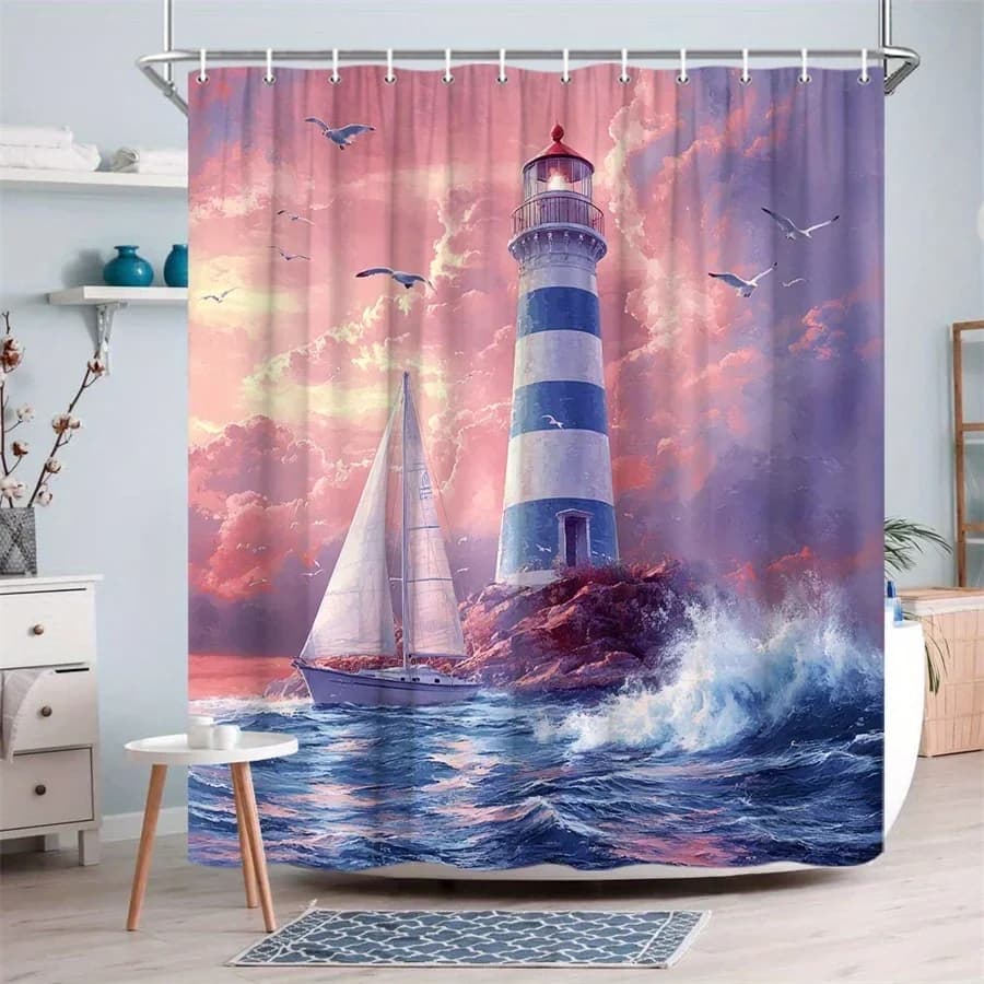 Tenda da doccia Serene Coastal Sunset da 1 pezzo con faro, barca a vela, onde e gabbiano - Design rosa vibrante e cielo arancione, durevole