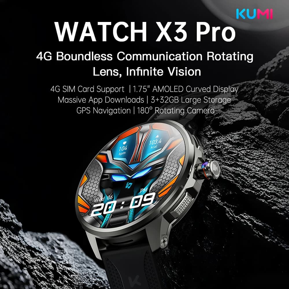 KUMI WATCH X3 Pro 4G Smartwatch Android 3GB+32GB 1.75" AMOLED HD Video call 1100mAh GPS WiFi Unlock with facial recognition for men and women