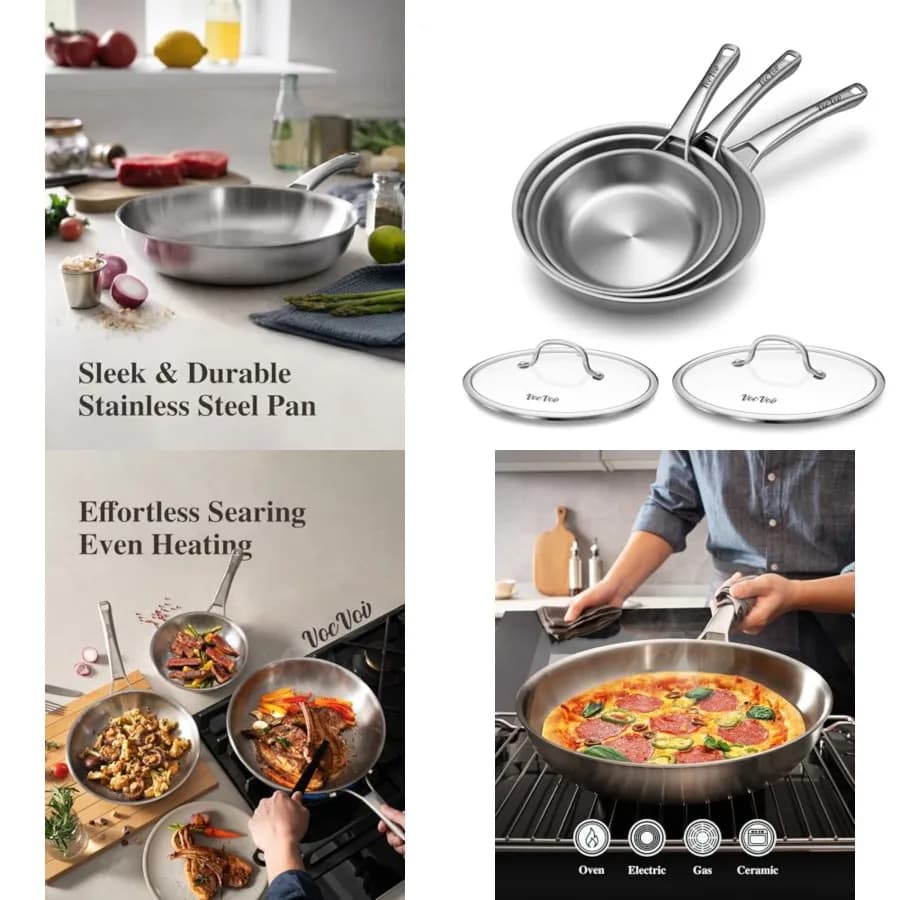 Set di Pentole in Acciaio Inox, Padelle Antiaderenti 8/10 Pezzi, Senza PFOA e PTFE, Set di Padelle Non Tossiche per Chef, Padelle per Cucinare