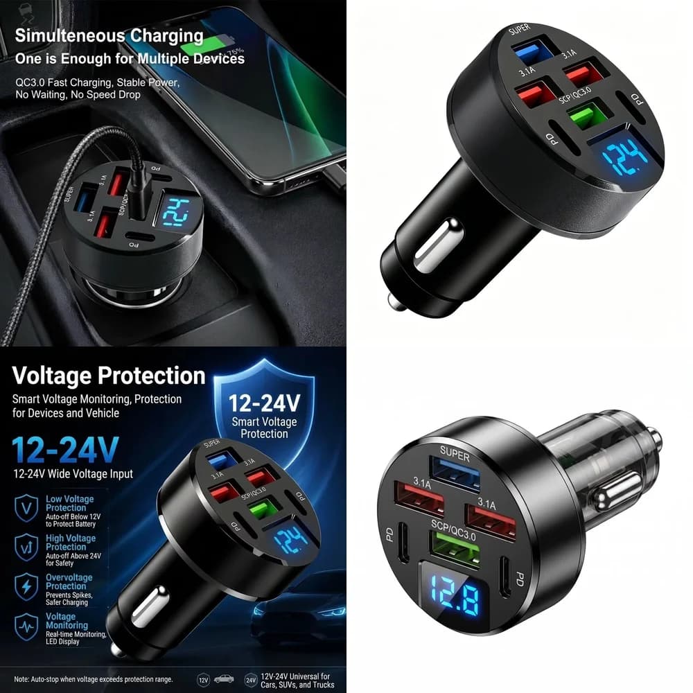 100W Multi Port Car Charger 6 in 1 with LED Digital Voltage Display QC3.0 PD Fast Charge USB for iPhone Samsung Xiaomi Tablet