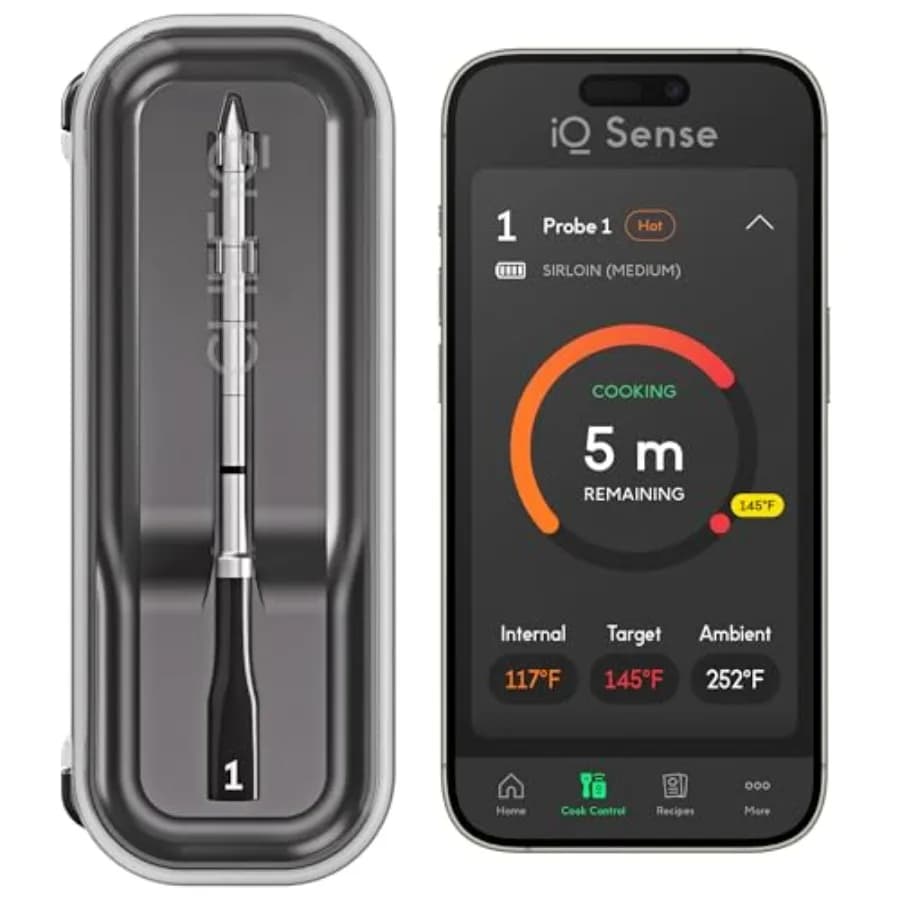 Termometro per Carne Wireless Sense Smart con Sonda Ultra-Sottile WiFi a Portata Illimitata 1000 ° Sensore di Temperatura F Heat Safe a 5 Punti per BBQ, Forno e Affumicatore con AI