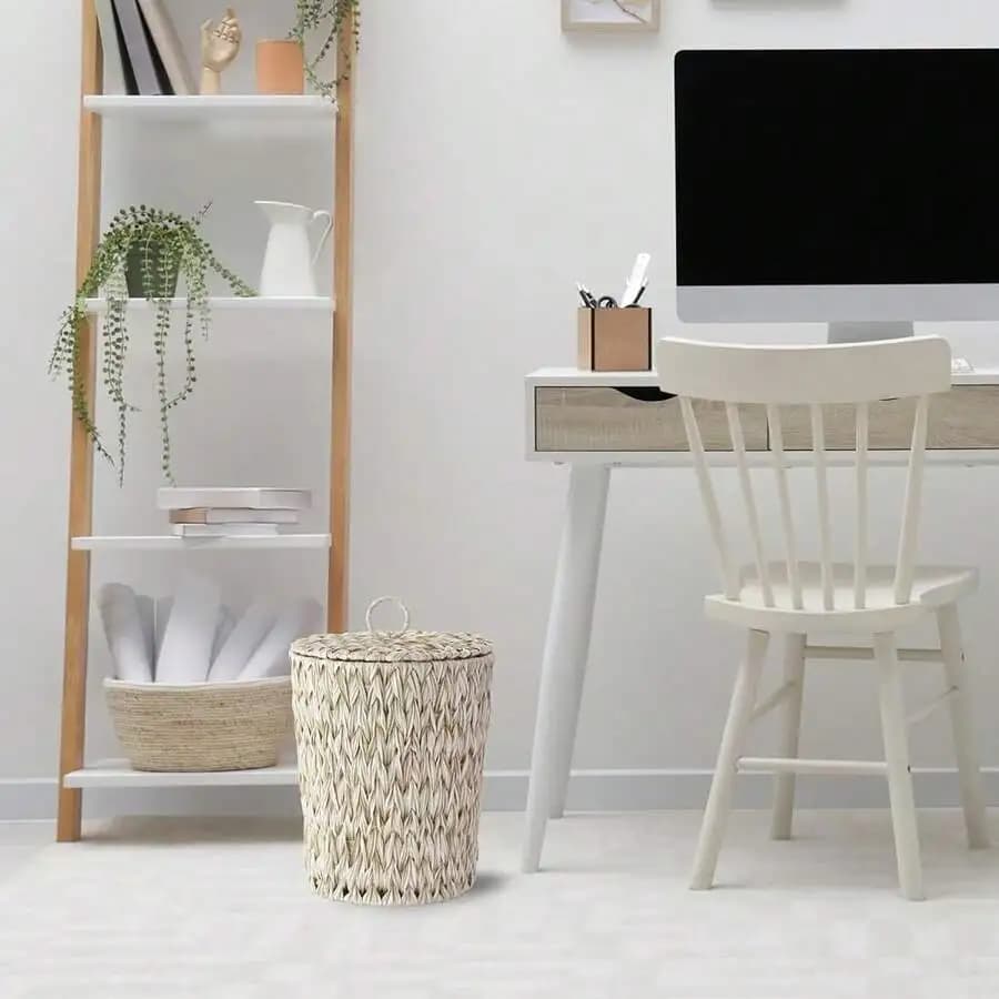 15L Woven Trash Can With Lid Boho Decorative Plastic Wicker Waste Basket For Bathroom Bedroom Living Room Office Beige