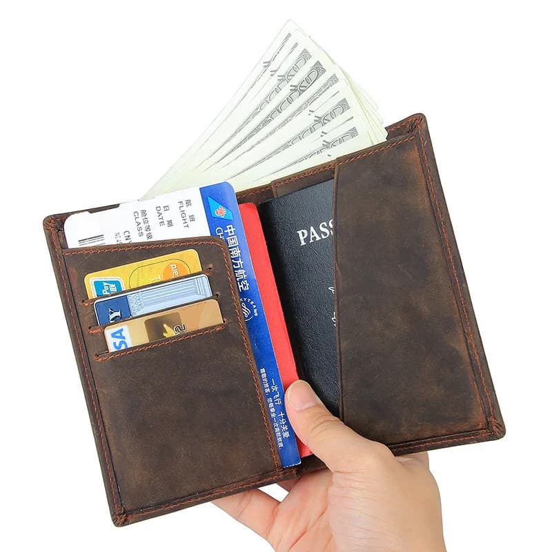 Handcrafted Top Layer Cowhide Leather Passport Wallet Simple Document Bag Large Capacity Leather Card Holder Buckle Wallet