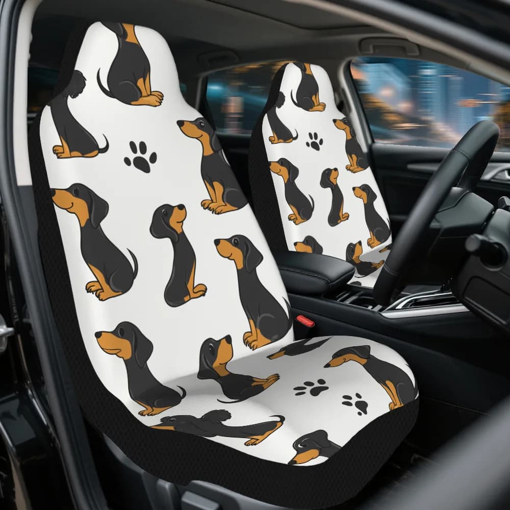 Set Of 2 Car Seat Covers Featuring Dachshunds And Paw Prints, Designed For A Universal Fit On Front Seats, Providing Reliable Pr