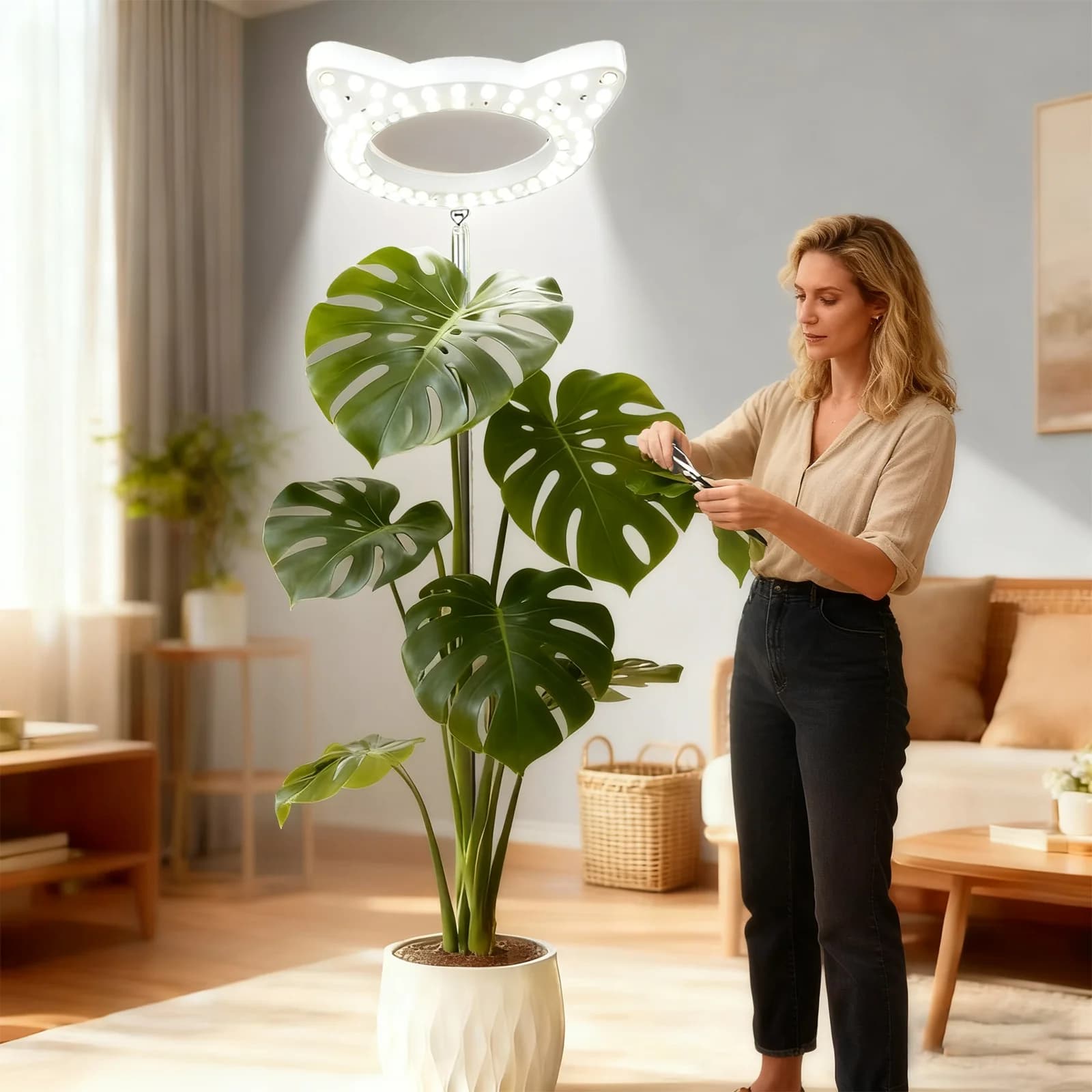 Luce di crescita a spettro completo a forma di gatto, luce per piante da interno, 10 luminosità regolabile, 3 modalità colore, altezza regolabile