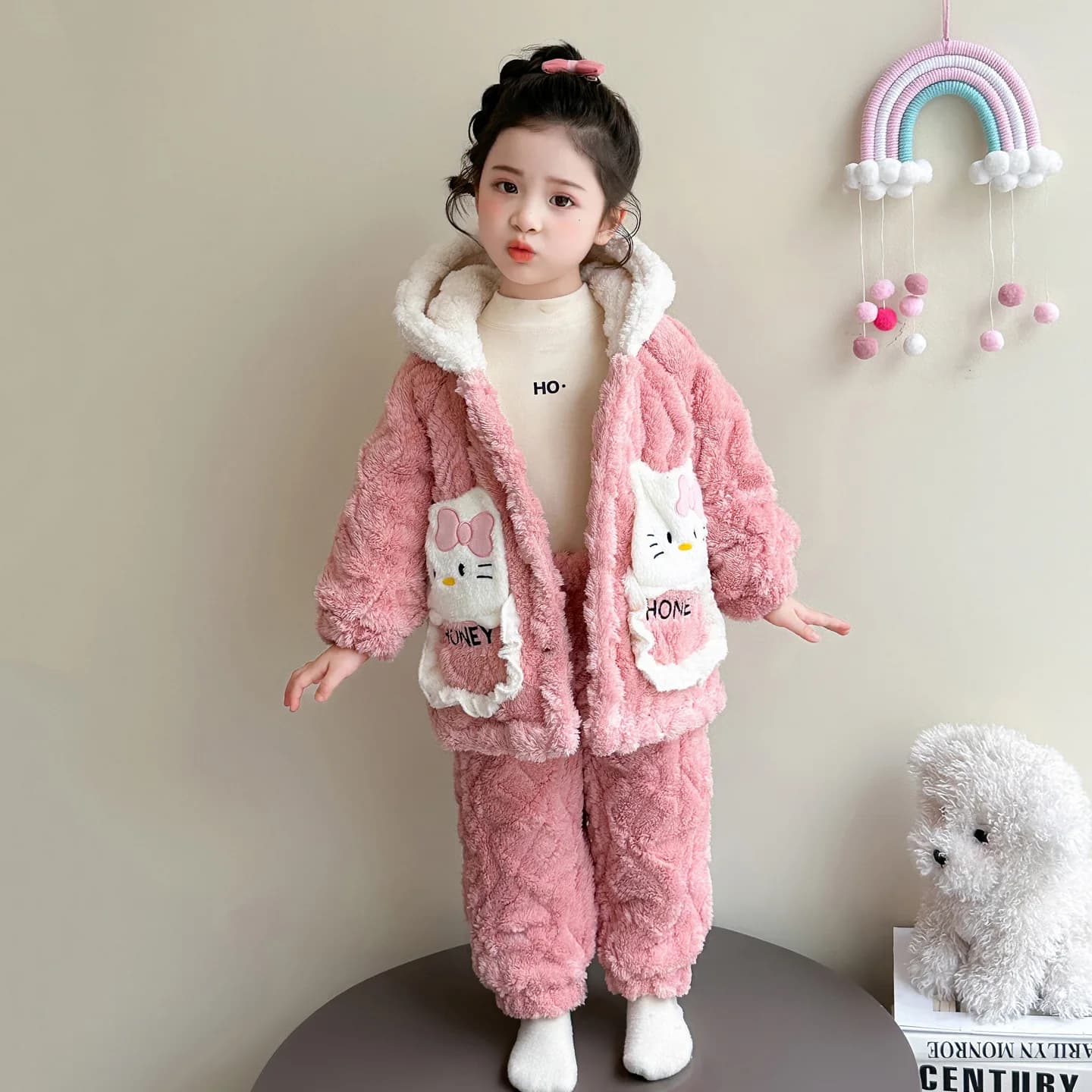Anime HelloKitty Inverno Ragazze Moda Peluche Spessa Abbigliamento per la casa Set Bambino cartone animato carino dolce casual pigiama con cappuccio set a due pezzi