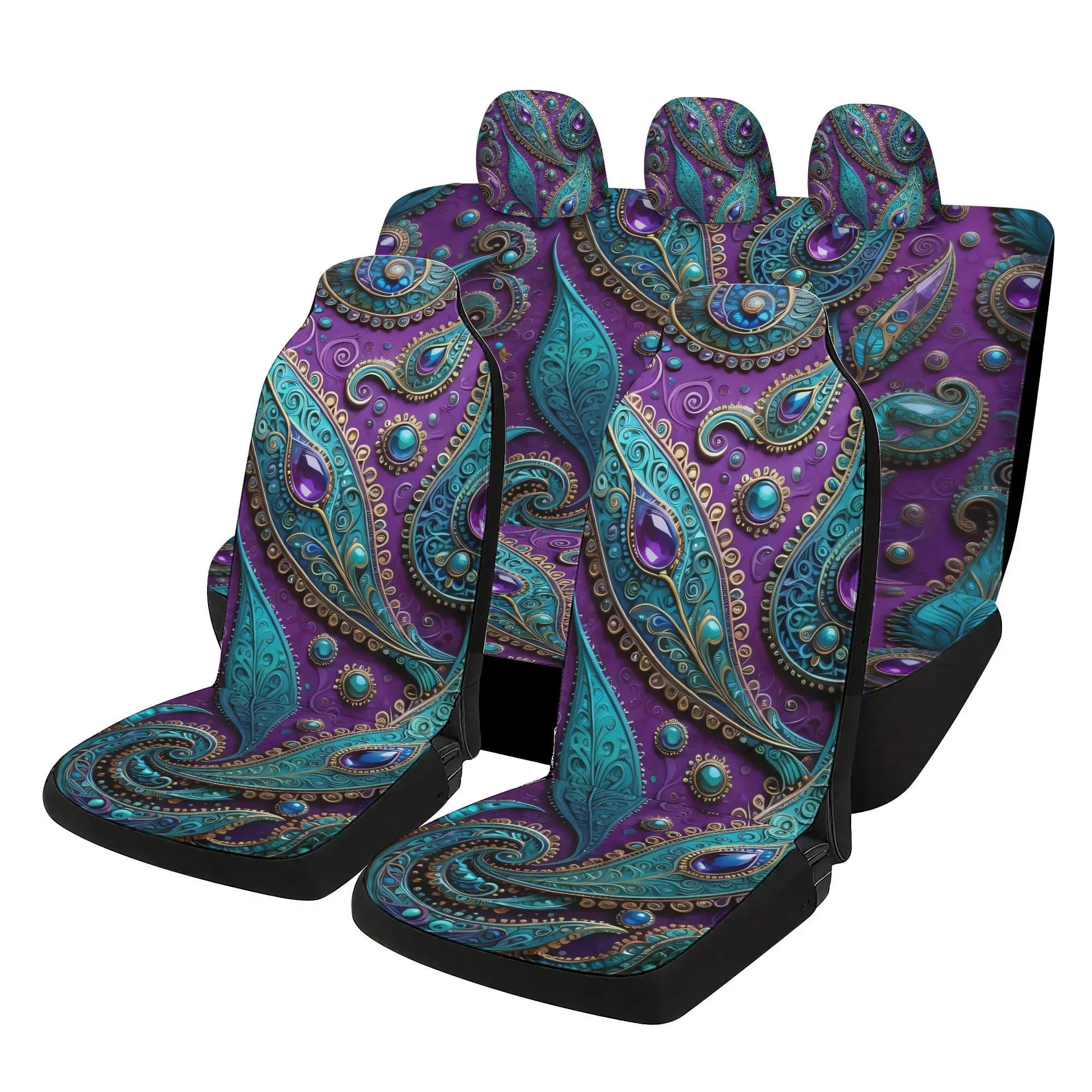 Peacock Feather Paisley Pattern Car Covers Set - 7pcs, Including 2 Front Covers + 1 Rear Back Cover + 1Rear