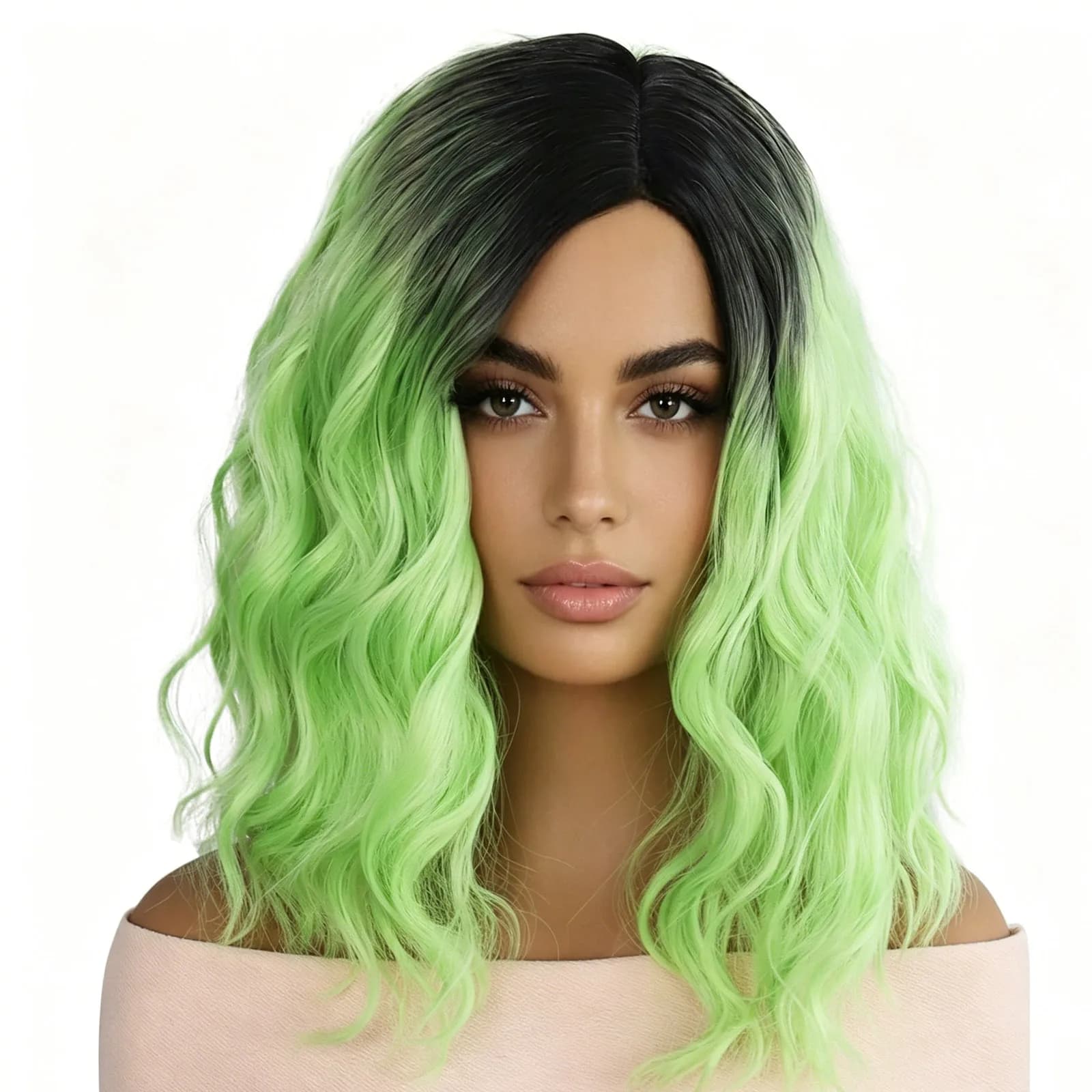 Ombre Black to Light Green Bob Wig, Short Curly Synthetic Hair, Heat Resistant for Party or Cosplay