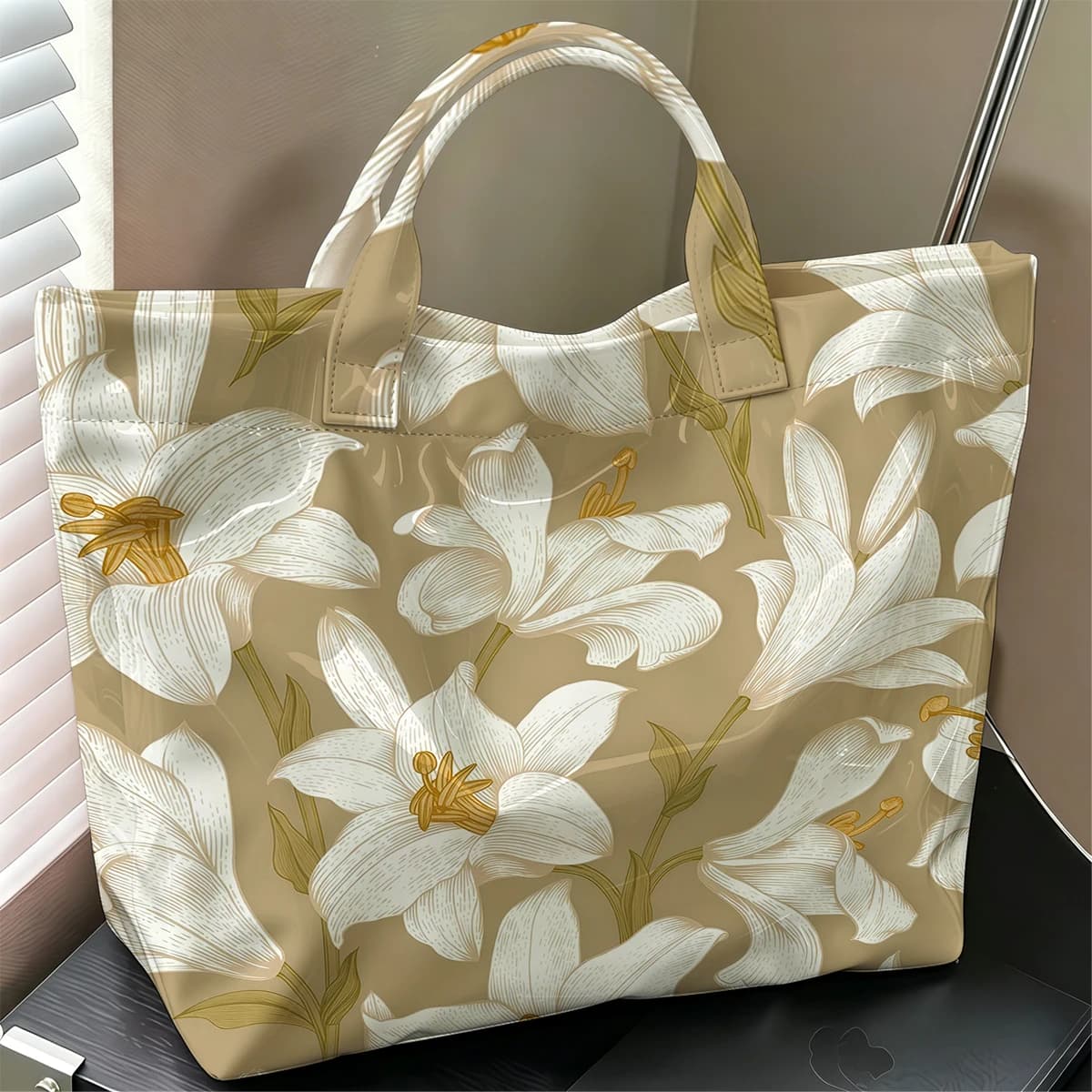 Golden White Lilies Cute Large Glossy PVC Tote Bag Hand Washable Lightweight Soft for Travel Commute Makeup Storage Handbags