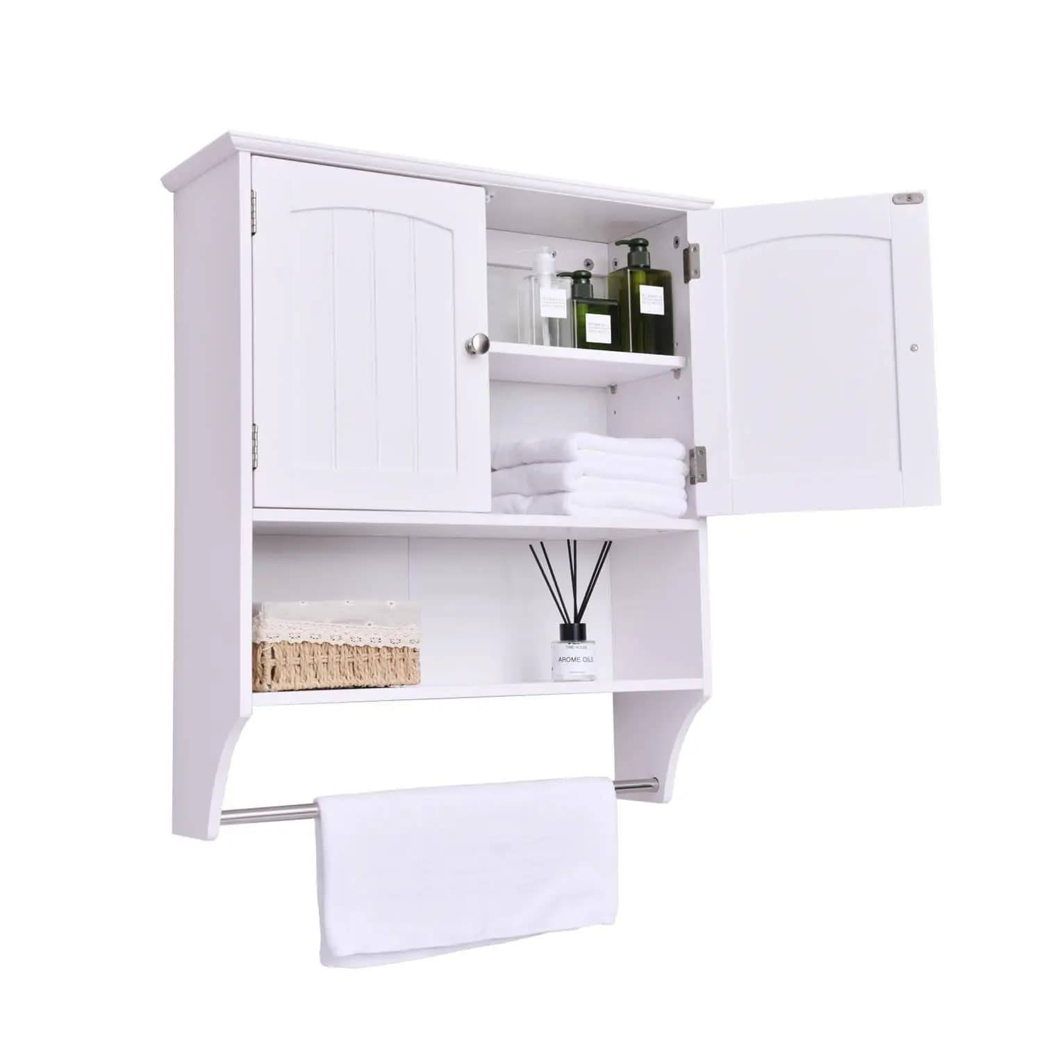 Mobiletto da Bagno Bianco a Parete con Porta Asciugamani, Armadietto Sopra WC con 2 Ante e Ripiano Regolabile, Personalizzabile