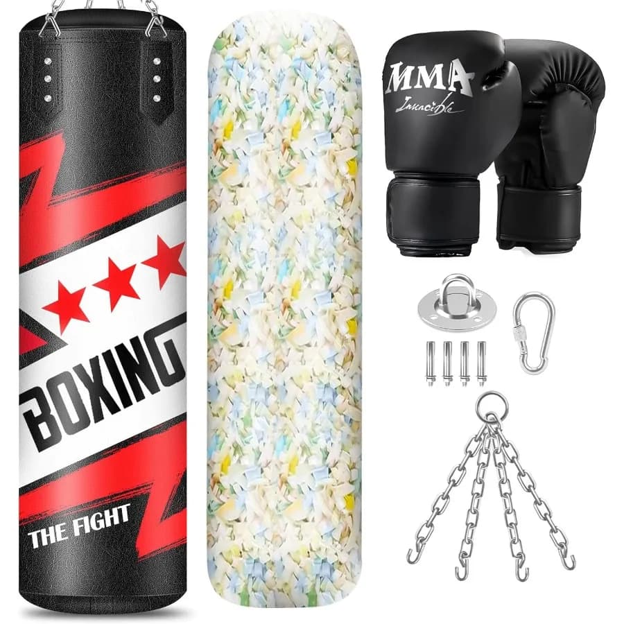 4 Foot PU Suspension Boxing Bag with 11 Lb Sponge Filler and 12 OZ Boxing Gloves for Adults Durable Football Bag Ideal for