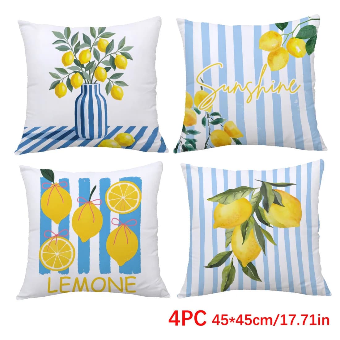 4 pezzi, fodere per cuscini estive con stampa limoni ad acquerello, monofacciali, chiusura con cerniera, poliestere lavabile - perfette per divano, soggiorno, decorazioni per la camera da letto, cuscini decorativi.