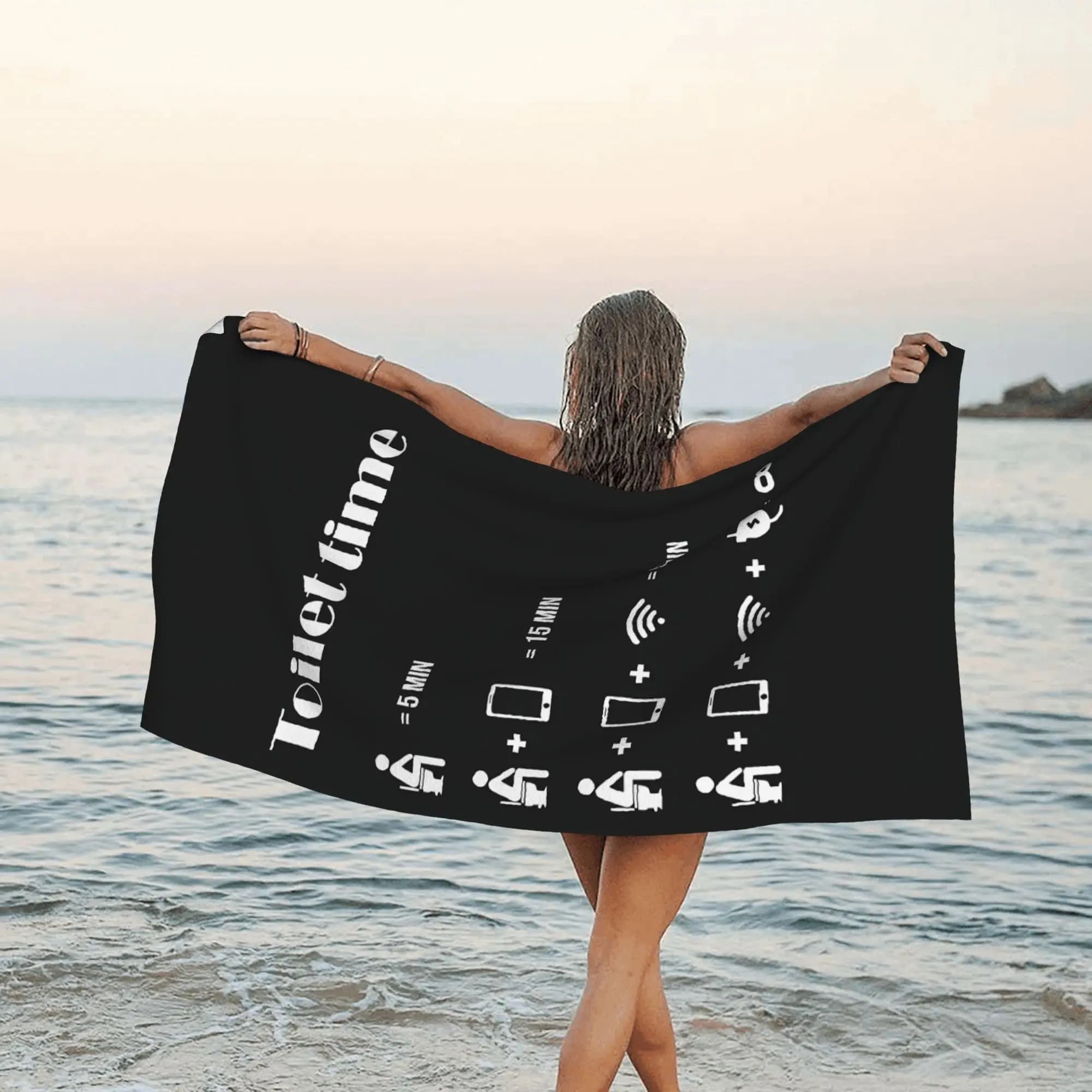 Asciugamano da spiaggia con stampa icona "Toilet Time" – Design divertente, ad asciugatura rapida, assorbente per viaggi e uso all'aperto 90x180 cm (35x71 pollici)