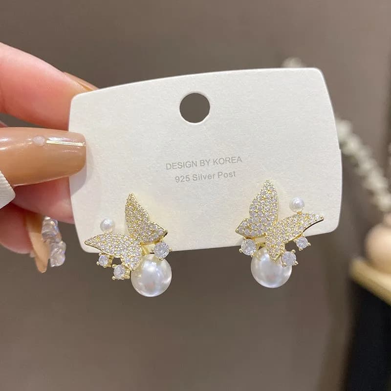 Pendant earring with butterfly imitation pearl with full crystal rhinestones for women Wholesale Christmas gift of jewelry with animal temperament