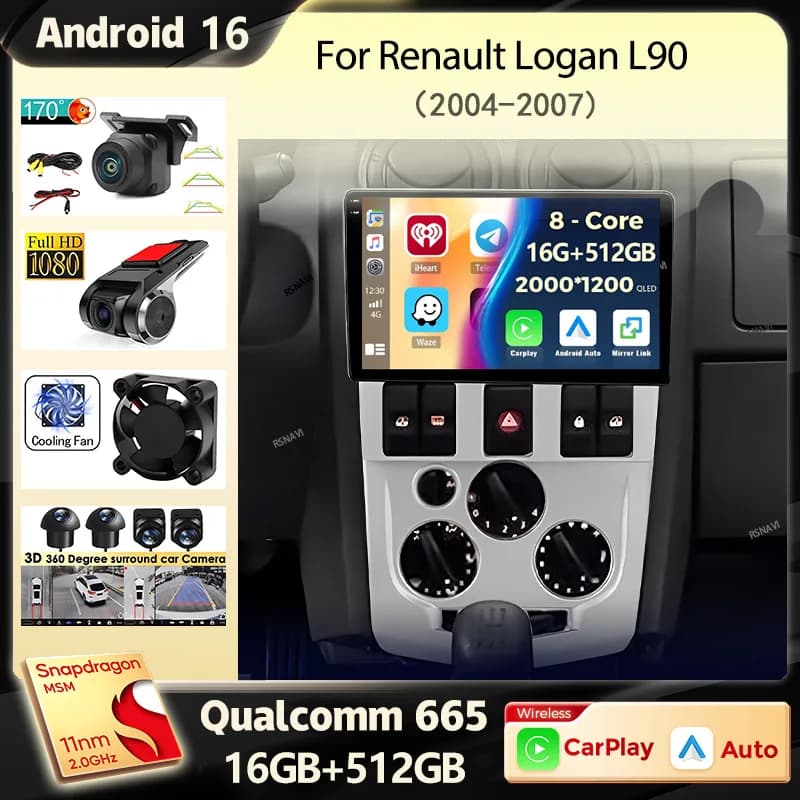 Android 15 Carplay Auto DSP Autoradio Per Renault Logan L90 2004 2005 2006 2007 Navigazione GPS Lettore Video Multimediale Wifi + 4G