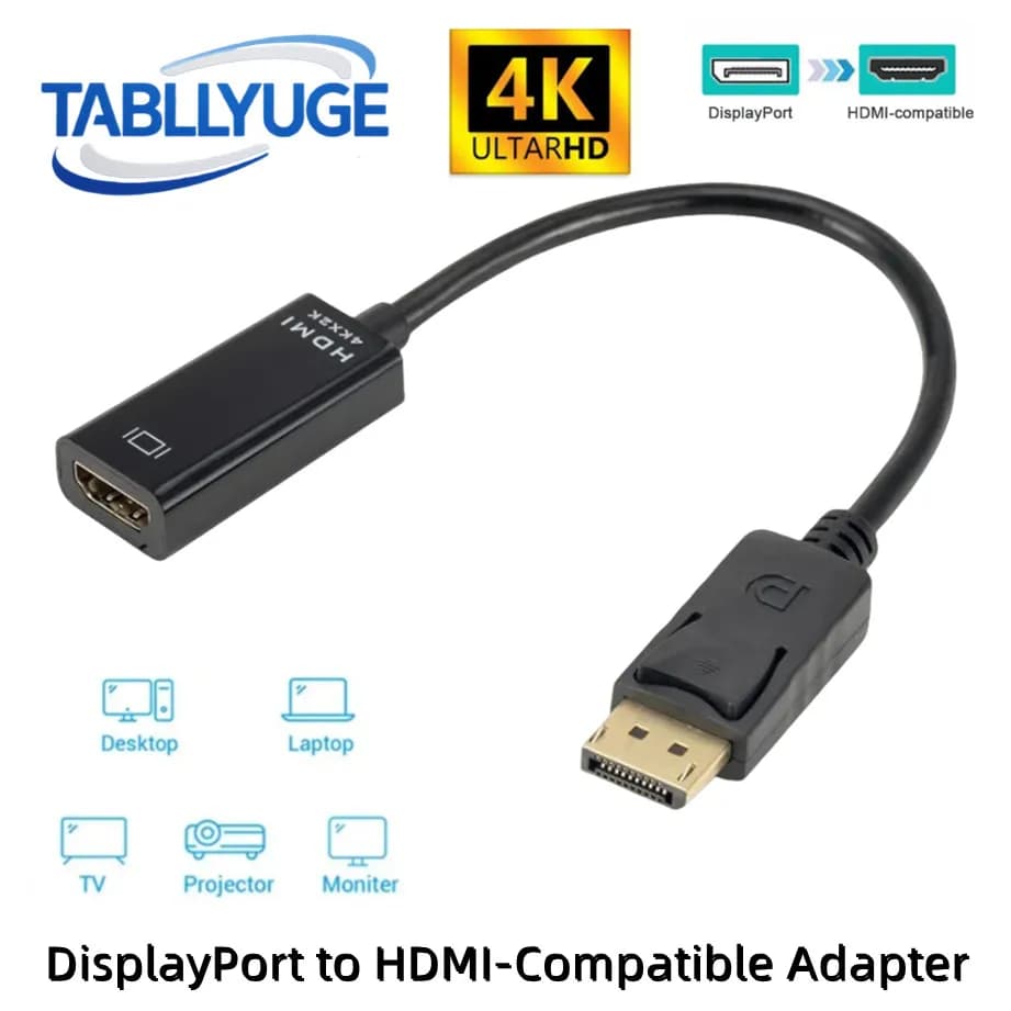 TABLLYUGE Convertitore adattatore compatibile da DisplayPort a HDMI 4K DisplayPort maschio a femmina Adattatore cavo HDMI per PC TV Proiettore
