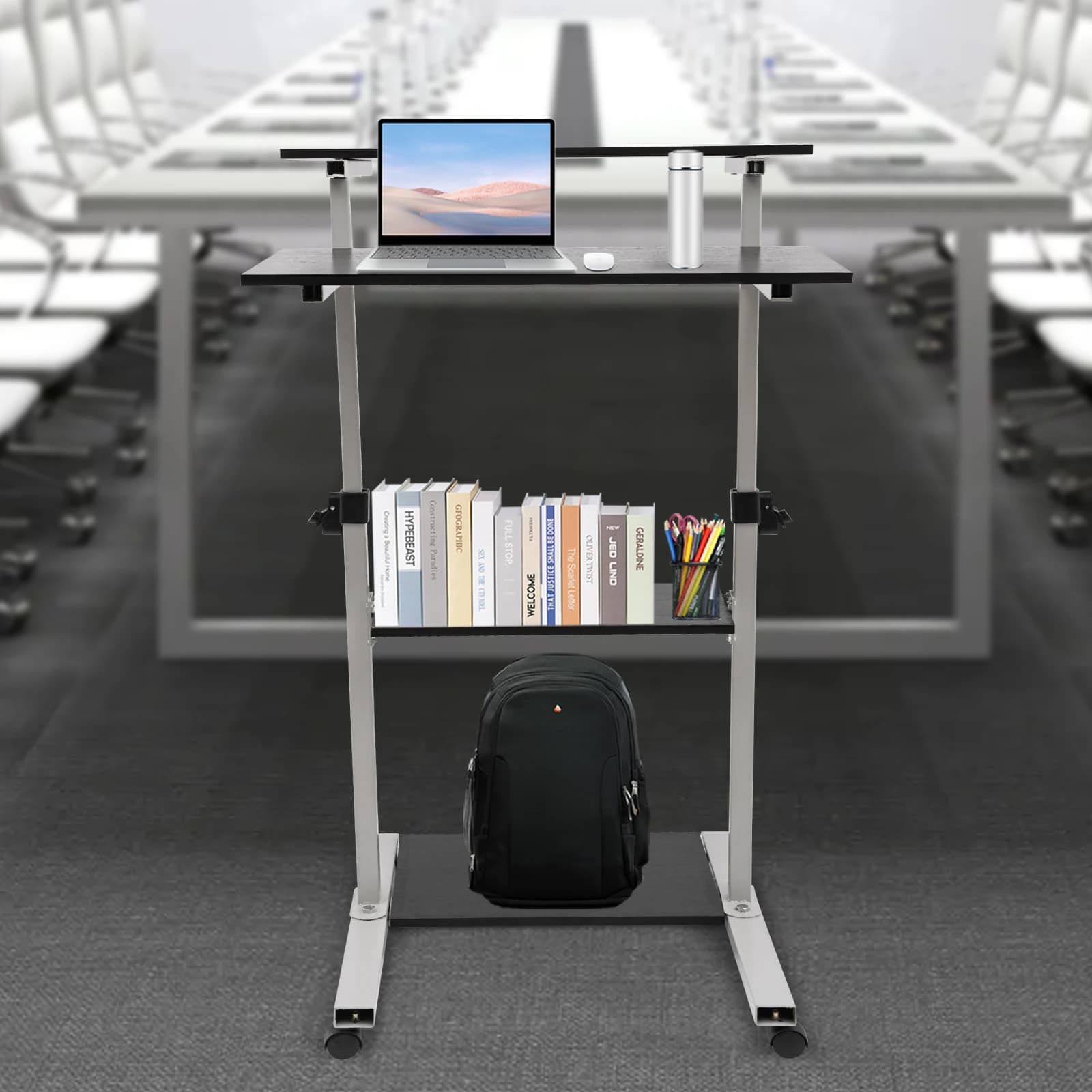 Nero/nastro 27 "scrivania per Computer supporto per Laptop per interni durevole stazione di lavoro in piedi per facilitare il carrello da scrivania per Computer