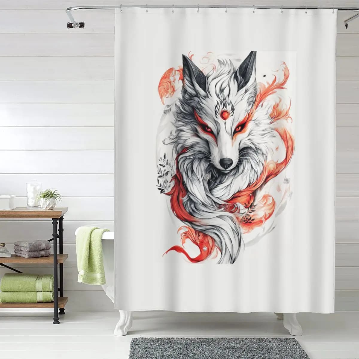 Tenda da doccia giapponese Okami Wolf, tende da bagno impermeabili in poliestere con ganci