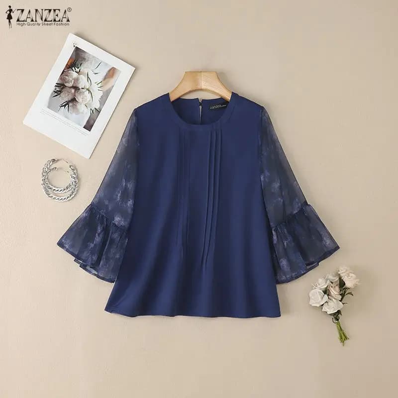 Camicette con maniche svasate patchwork in chiffon stampato floreale elegante estivo Camicette casual con o-collo da donna ZANZEA Top donna 3XL