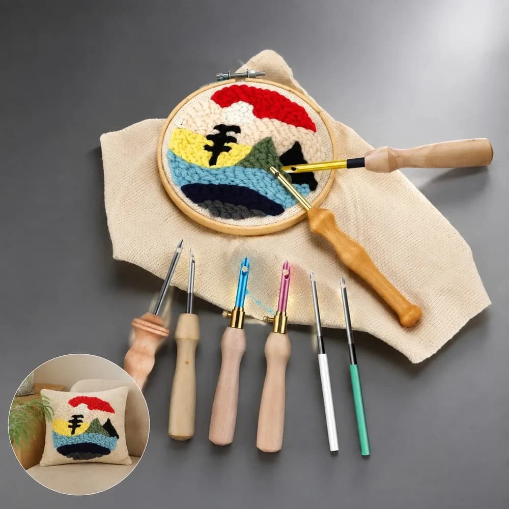 Punch Needle Embroidery Kit for Beginners, 1Set Complete Wooden Handle Punch Needle Pen Tool with Adjustable Needles, DIY