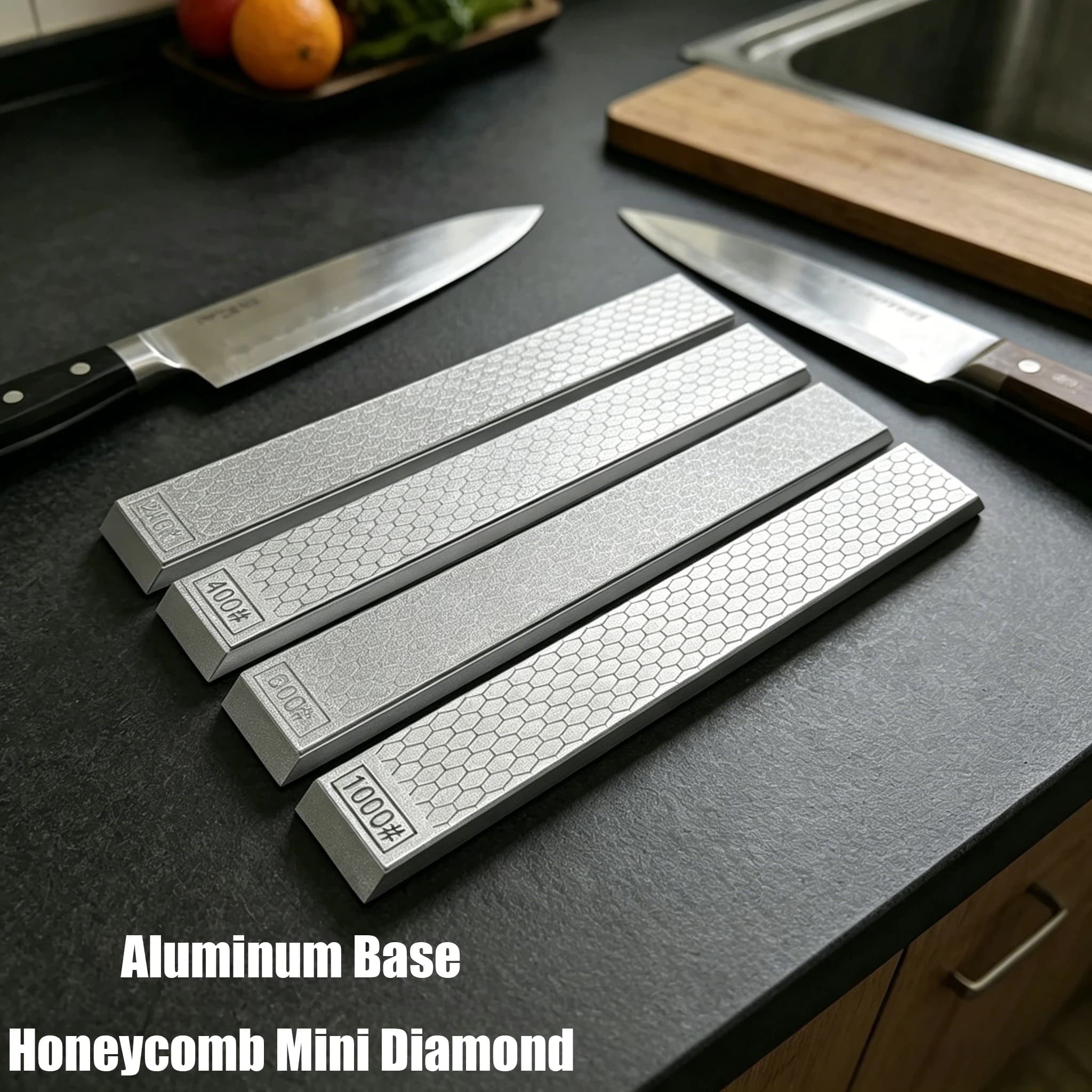 Affilacoltelli da Cucina Portatile con Set di Pietre Diamantate a Nido d'Ape e Base in Alluminio per Uso Domestico e all'Aperto