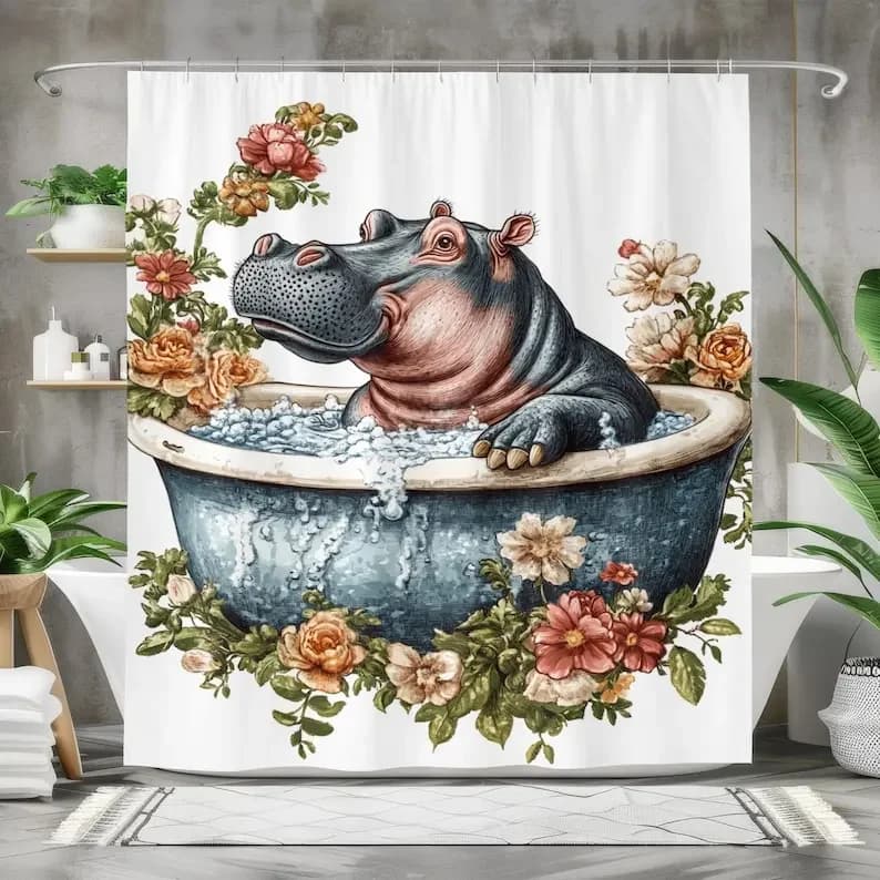 Divertente tenda da doccia ippopotamo: impermeabile, design floreale vintage, blu rosa verde, arredamento per vasca per un bagno giocoso
