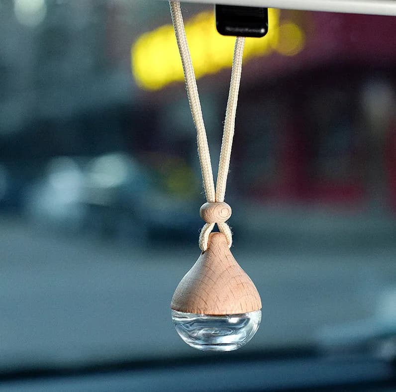 Trasparente smerigliato goccia d'acqua a forma di diffusore di olio essenziale ciondolo per auto profumo bottiglia vuota in vetro ornamenti con coperchio in legno ni722