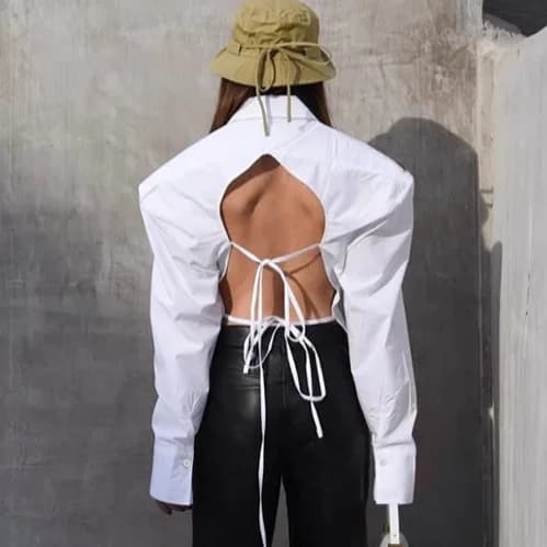Bangniweigou Backless White Shirt with Drawn Chic Cutout Single-breasted Women's Long Sleeved Shirt High Street