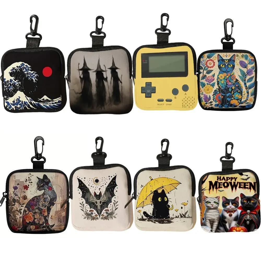 Durable Mini Coin Purse Cat Print Artificial Leather Wallet Lightweight Portable Earphone Bag Friends Gift