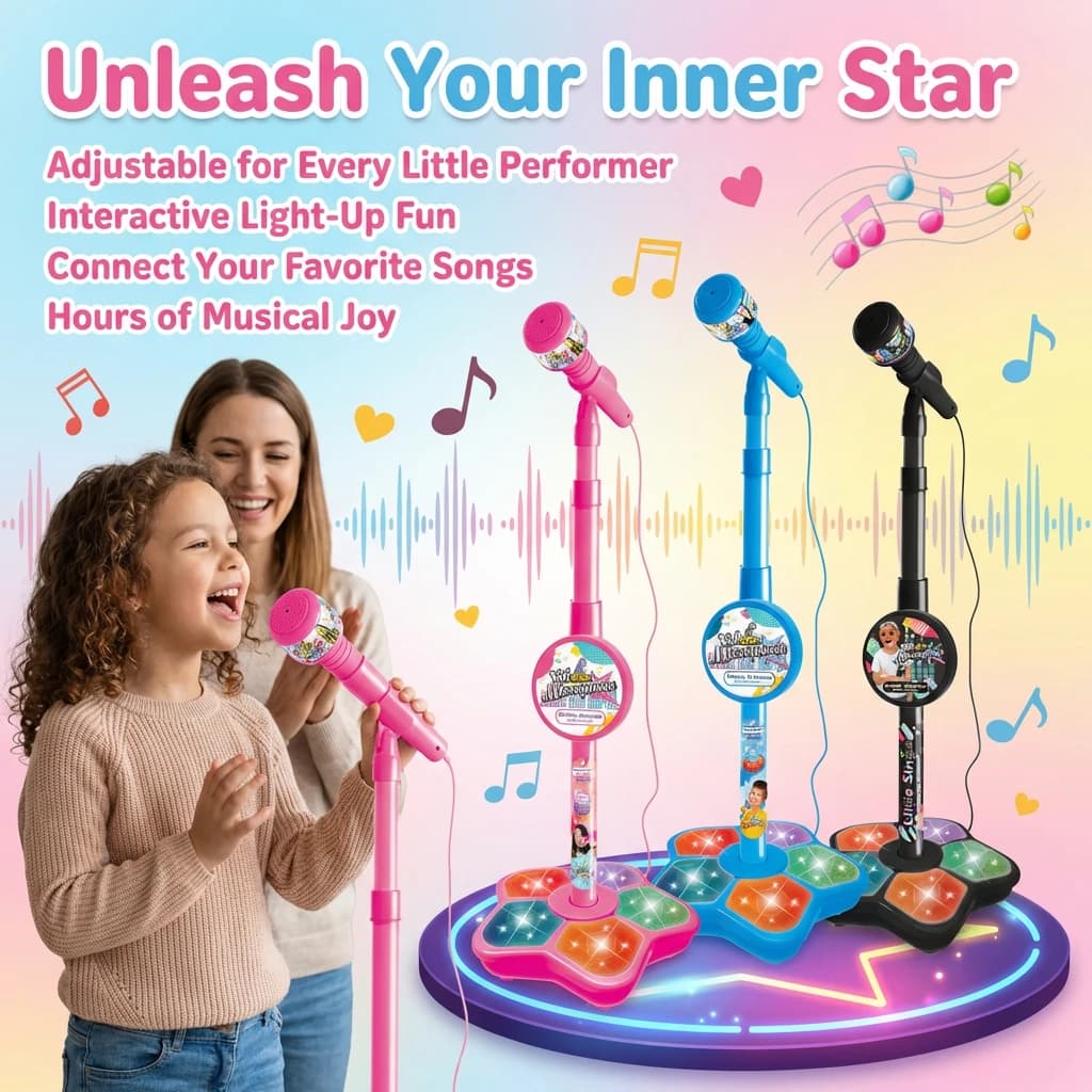 Microfono per Bambini con Supporto, Macchina per Karaoke, Giocattolo Musicale Educativo per Allenamento Mentale, Regalo di Compleanno per Ragazze e Ragazzi