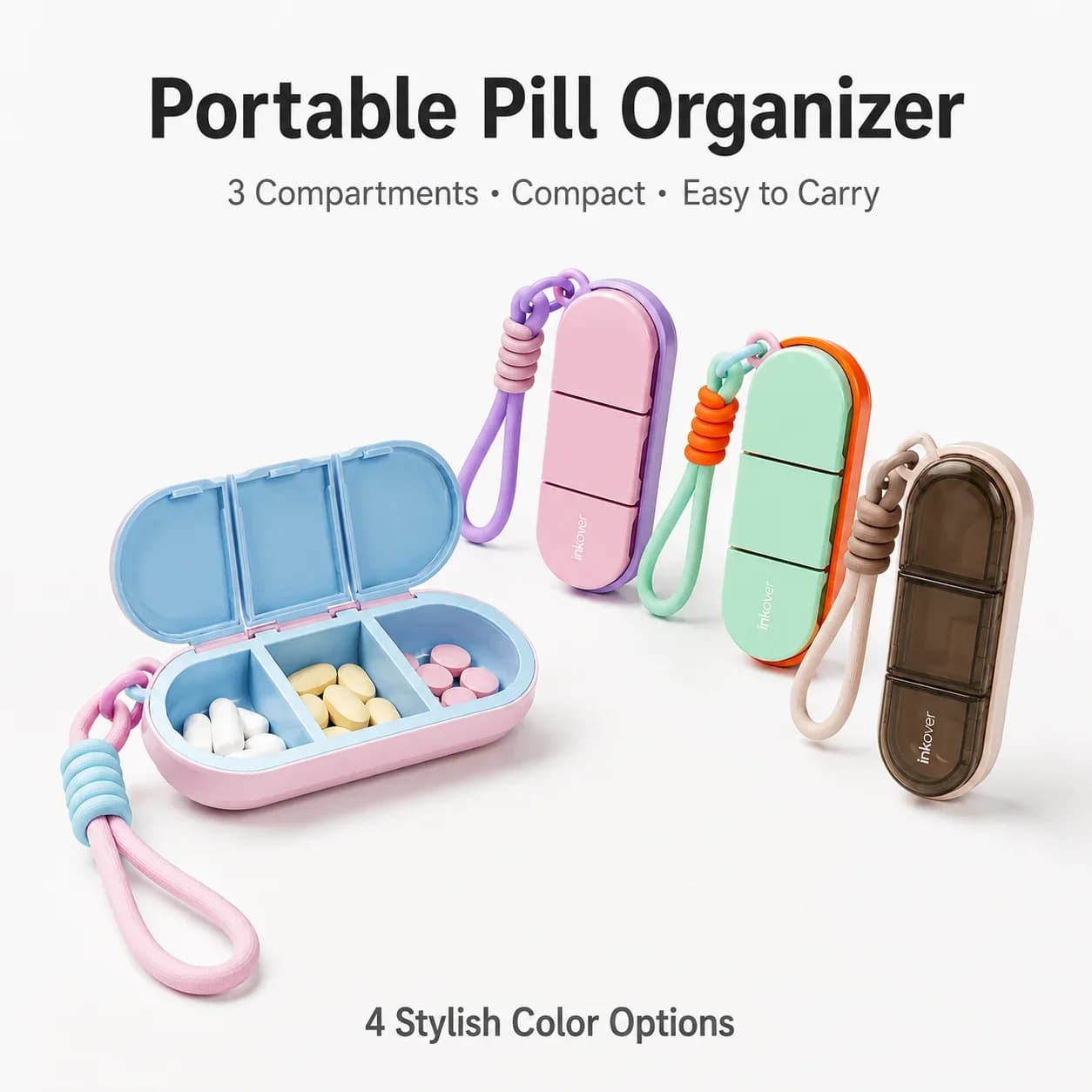 Portable 3 Compartment Pill Box Mini Travel Pill Organizer with Lanyard Moisture Resistant Medicine Vitamin Capsule Storage Case