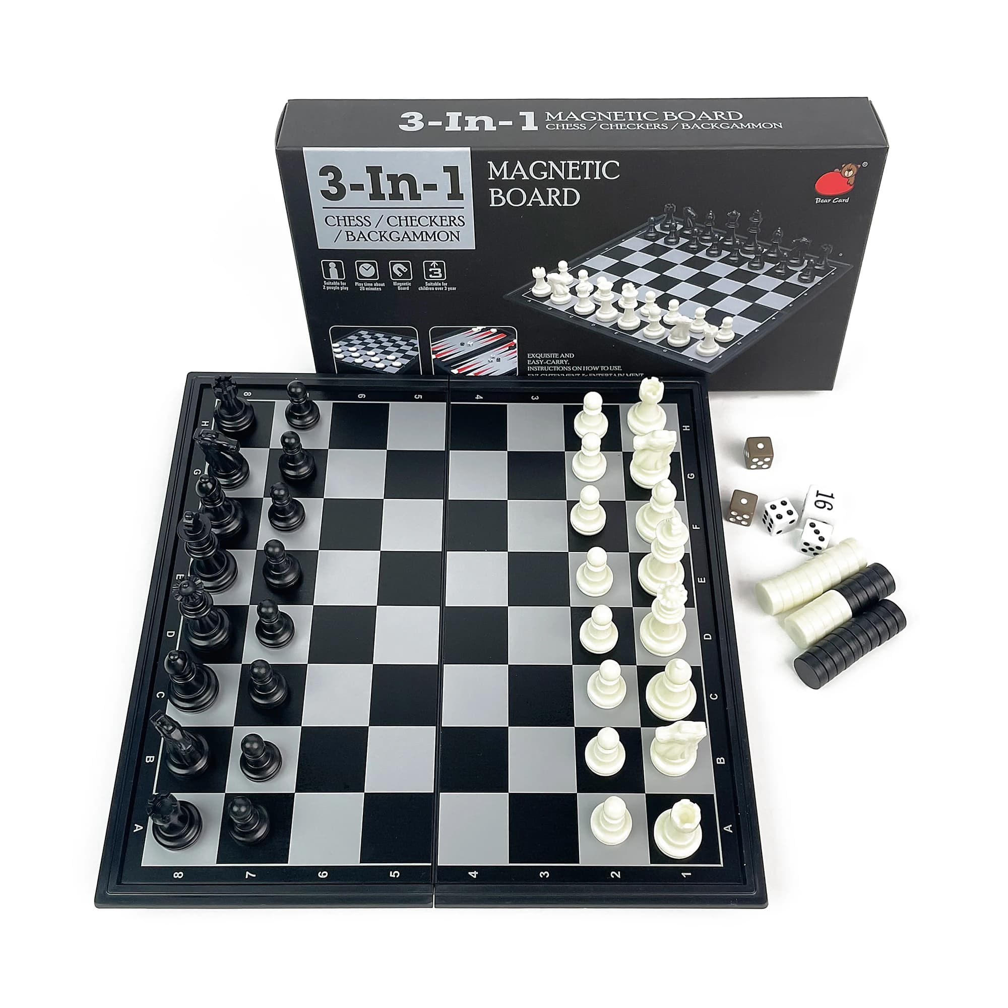 Set da Gioco Portatile 3 in 1 Pieghevole Magnetico: Scacchi, Dama e Backgammon, 25cm x 25cm, in Plastica