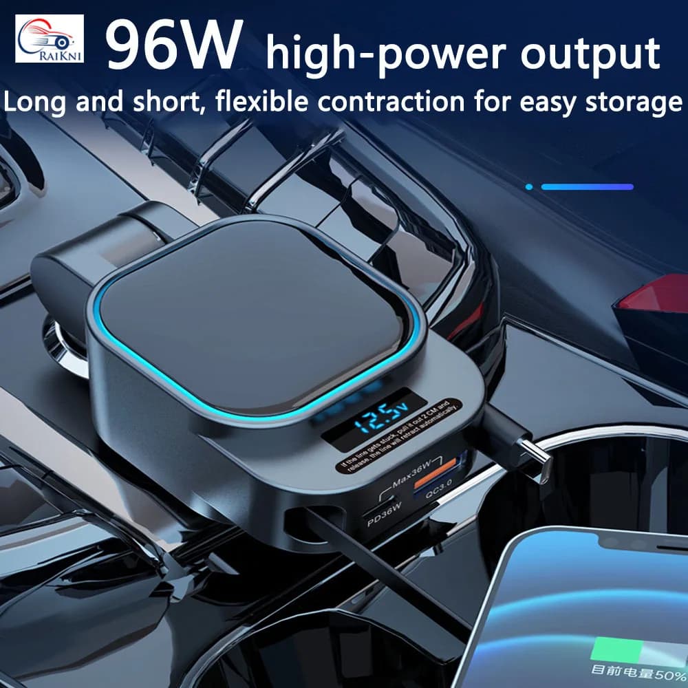 NUOVO Caricabatterie Auto Retrattile Aggiornato, Ricarica Rapida PD 30W con Display Voltaggio, Doppio Cavo per iPhone e Android