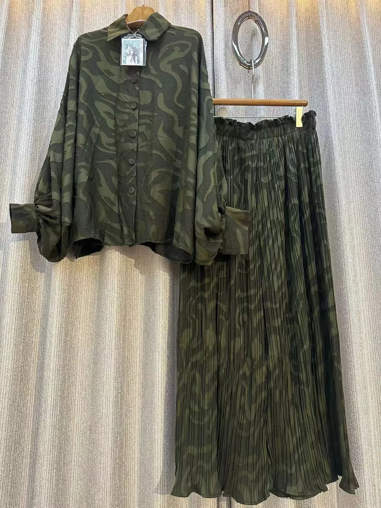 Autumn Grey Floral Set Two Pieces Women's Muslim Clothing Porcelain Jacket Elastic Shirts in Life Long Leg Pants Large 2 Pieces Dresses
