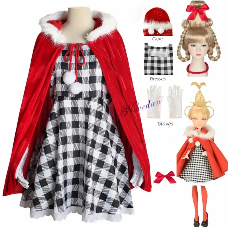 2025 Nuovo Cosplay Cindy Lou Who Coaplay Costume Cappuccio Rosso Mantello Abito Scozzese Treccia Verde Parrucca Mostro Costume Cosplay Natale Outf