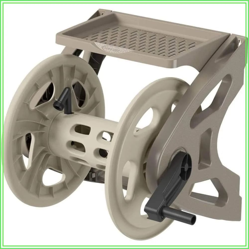 Wall Mounted Retractable Garden Hose Reel, Durable Hard Plastic, Holds 200ft Hose, with Storage Tray, Taupe