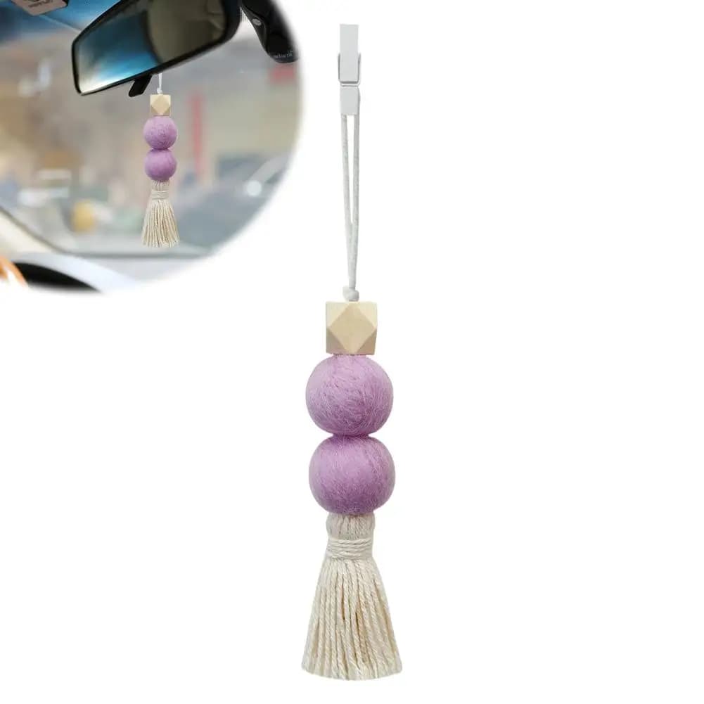 Car Aroma Diffuser with Natural Wood Beads Braided in Hand, Ecological Felt Balls and Pendant Nappa - Exquisite Home Decoration