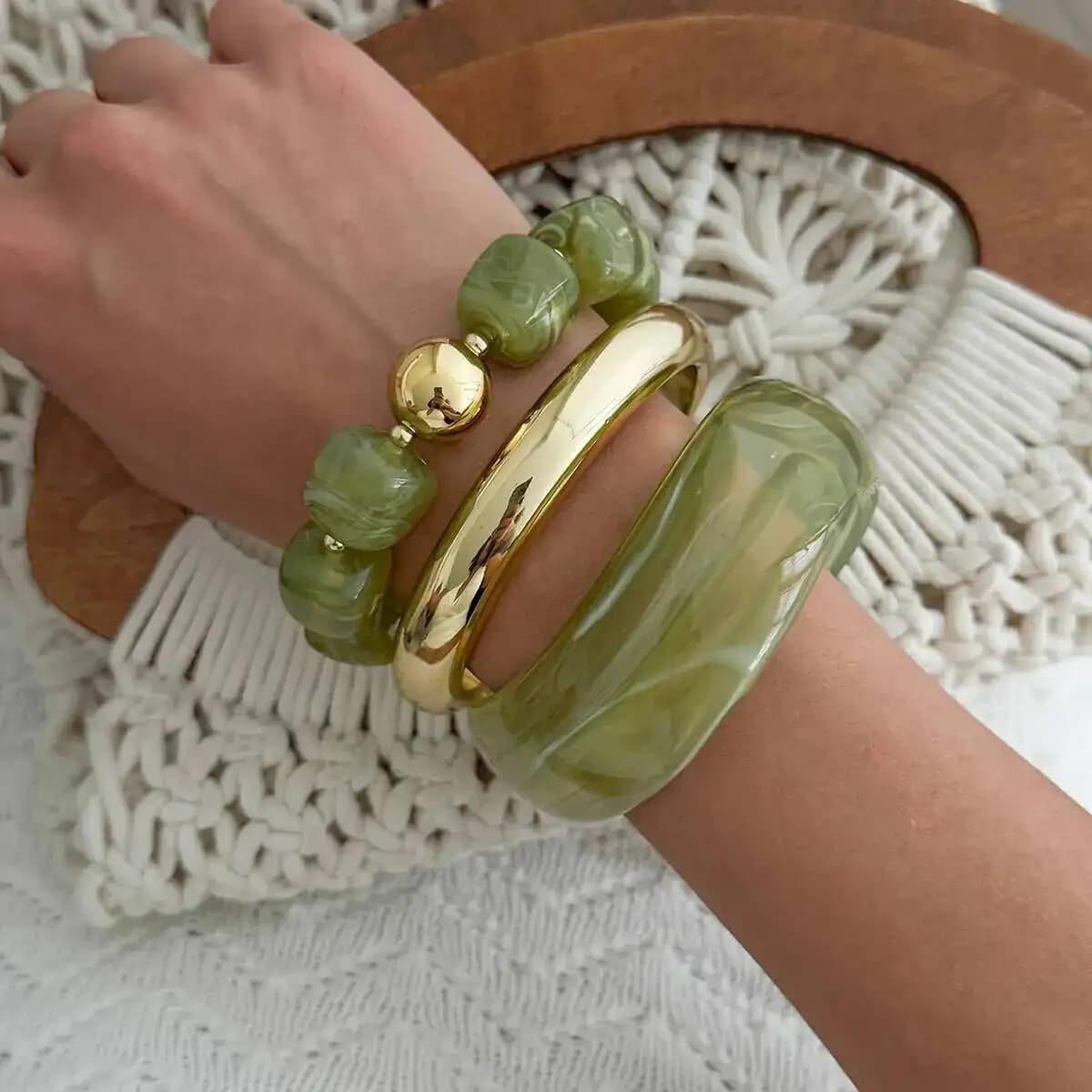 KunJoe 3Pcs/Set Vintage Boho Colorful Thick Resin Acrylic Smudging Bangle Geometric Stackable Cuff Bangle Bracelet Women Jewelry