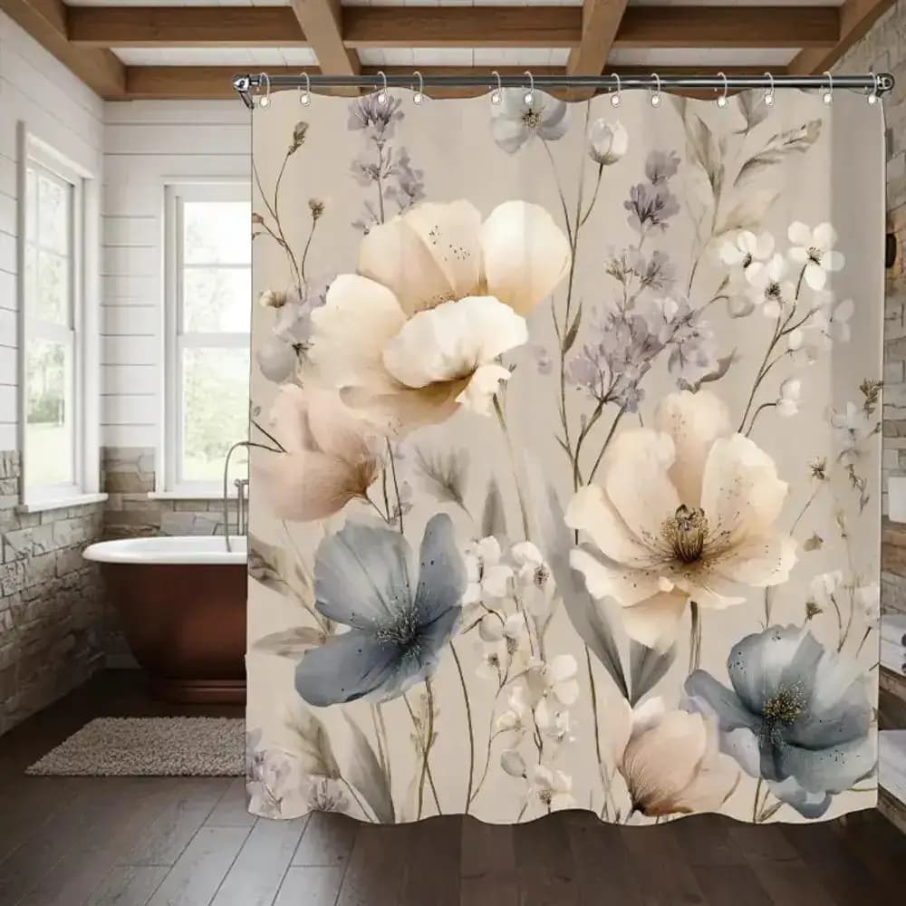 Tenda da doccia decorativa con fiori ad acquerello, fiori di papavero, sfondo beige, arte botanica