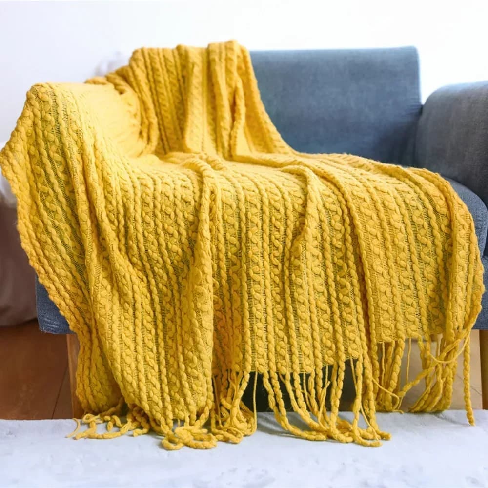 Coperta lavorata a maglia nordica Copridivano a righe tinta unita Copriletto morbido Arredamento camera da letto Asciugamano da letto Scialle caldo con nappa