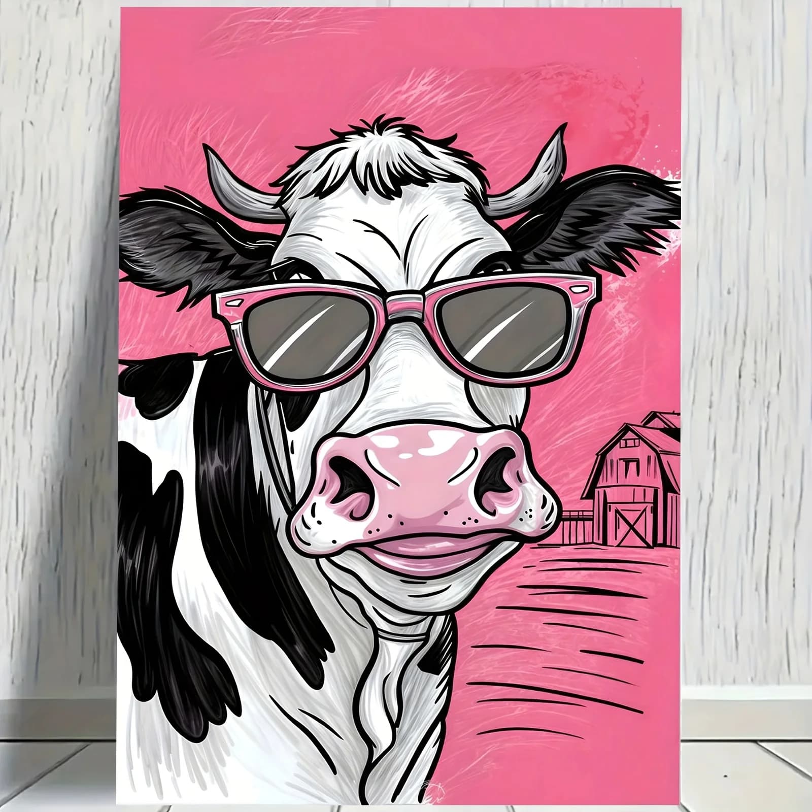 Cow with Sunglasses Canvas Print – Pink Background Animal Art, Funny Farm Design, Frameless for Home Office Decor